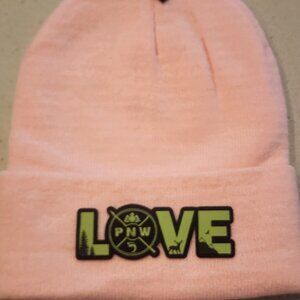 PNW LOVE Patched Knit Cuffed Beanie in Soft Pink